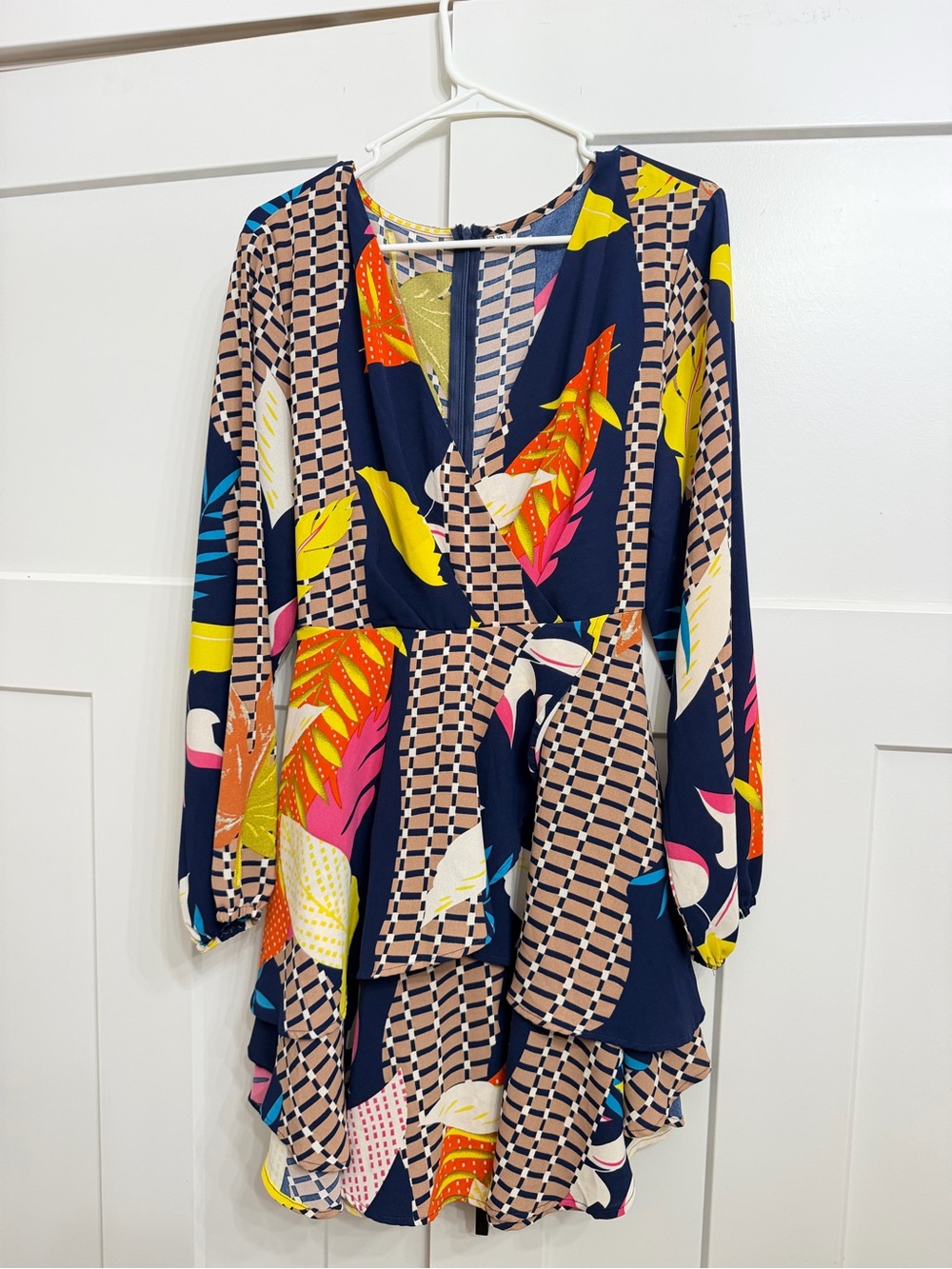 Women's Navy Multi-Color Floral Print V-Neck Dress
